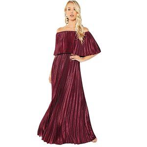 NBW Off Shoulder Layered Pleated Maxi Dress